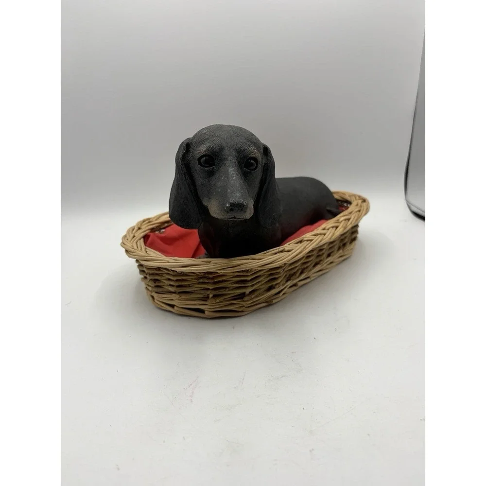 Sandicast Black Dachshund Dog Sculpture Susan Brue 1983 w Wicker Bed 11